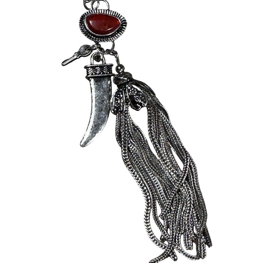 Free People Dandee Long Necklace NWT Silver Red Agate Tassel Boho Charm - Picture 7 of 8